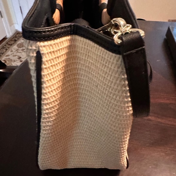 Karl Lagerfeld  Beige and Black Floral Accent Straw Crossbody Tote - Picture 7 of 8